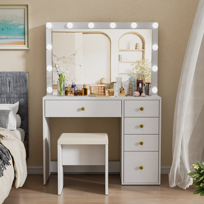 Latitude Run® Lighted Makeup Vanity Set with Outlets and Hidden Shelves